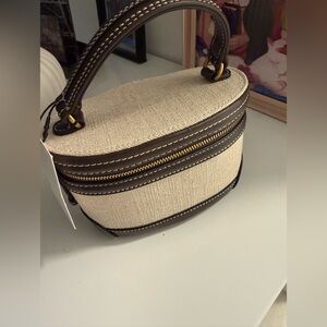 Zara Beige Canvas Mini Top-Handle Bag with Brown Trim